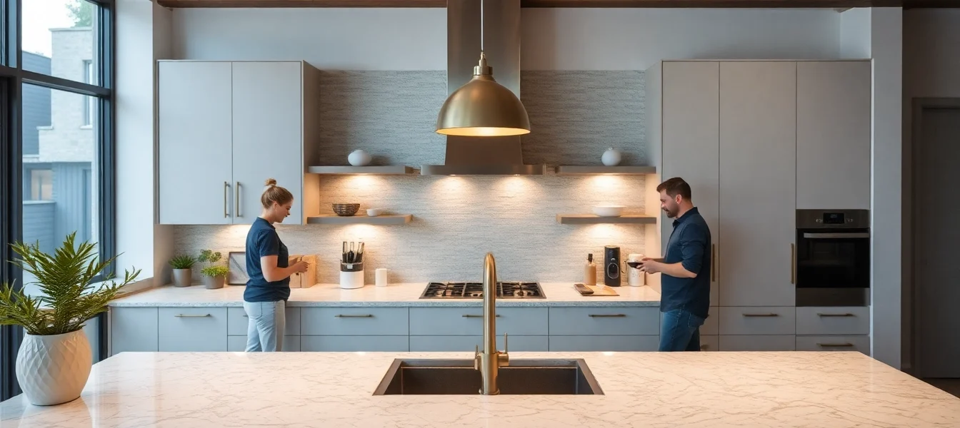 Remodeling experts renovating a stylish kitchen with modern fixtures and warm lighting for a contemporary look.