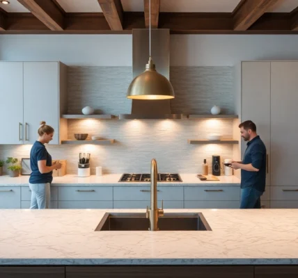 Remodeling experts renovating a stylish kitchen with modern fixtures and warm lighting for a contemporary look.