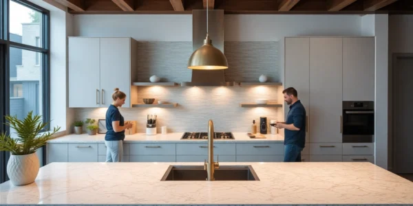 Remodeling experts renovating a stylish kitchen with modern fixtures and warm lighting for a contemporary look.