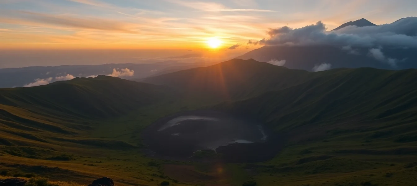 Majestic Mount Rinjani volcano with lush slopes and crater at dawn, showcasing Indonesia's natural beauty.