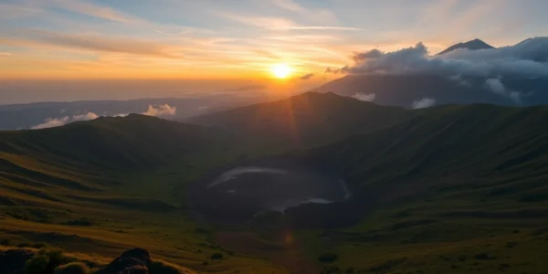 Majestic Mount Rinjani volcano with lush slopes and crater at dawn, showcasing Indonesia's natural beauty.
