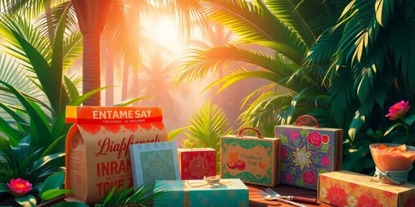 Beautiful packaged travel souvenirs with traditional Indonesian designs, showcasing the essence of a package experience in Lombok.