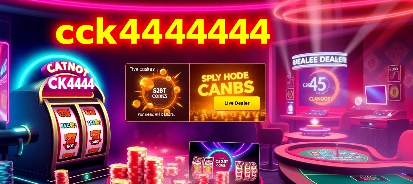 Engage with ck4444 bet through a lively casino scene featuring spinning slots and betting chips, highlighting excitement and wagering action for online players.