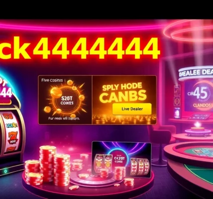 Engage with ck4444 bet through a lively casino scene featuring spinning slots and betting chips, highlighting excitement and wagering action for online players.