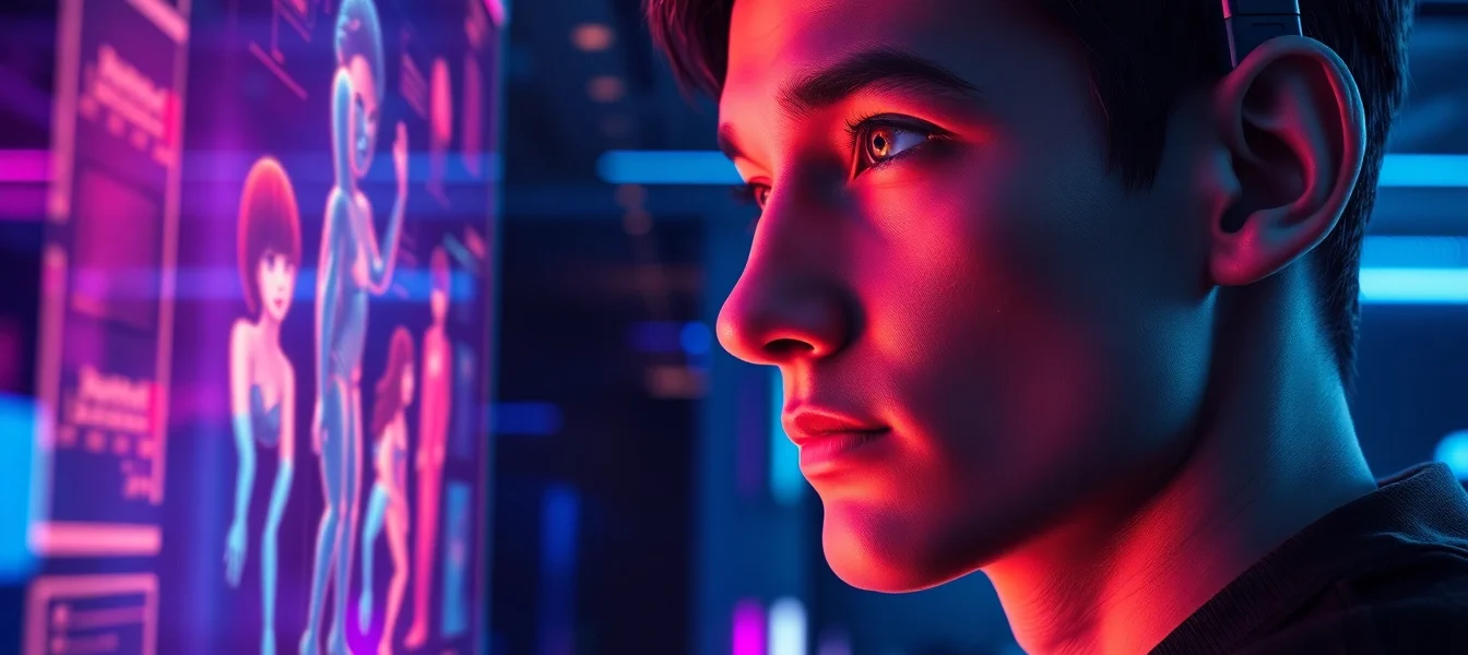 Futuristic user interacting with holographic AI adult characters in a high-tech environment.
