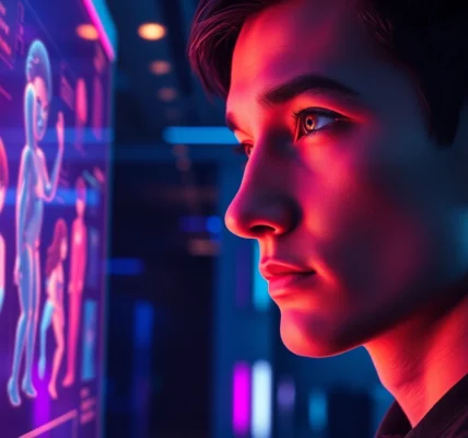 Futuristic user interacting with holographic AI adult characters in a high-tech environment.