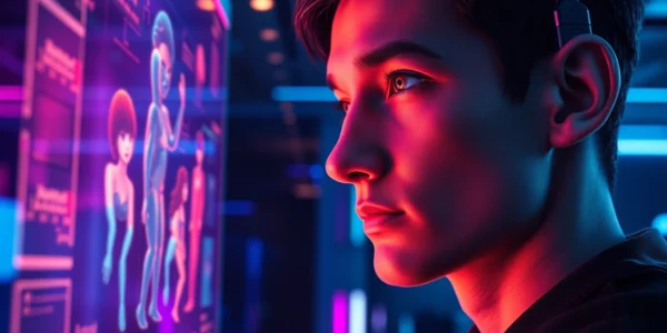 Futuristic user interacting with holographic AI adult characters in a high-tech environment.