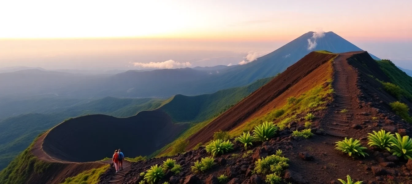 Beautiful sunrise over Mount Rinjani with trekkers on a trail surrounded by lush greenery and volcanic landscape.