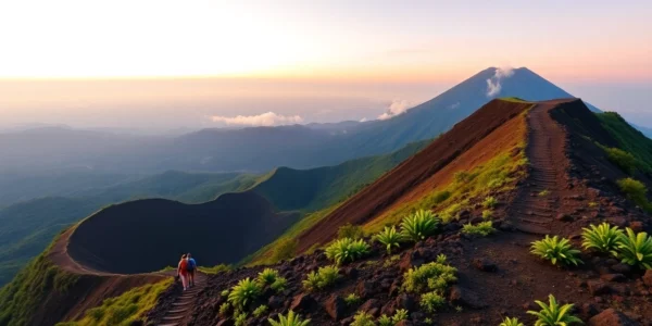 Beautiful sunrise over Mount Rinjani with trekkers on a trail surrounded by lush greenery and volcanic landscape.