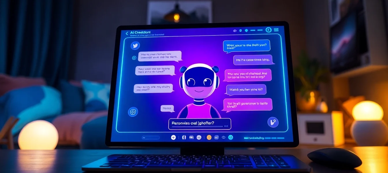 A futuristic digital interface showing a personalized AI chatbot conversation with holographic elements and vibrant neon colors.
