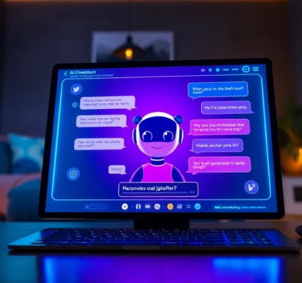 A futuristic digital interface showing a personalized AI chatbot conversation with holographic elements and vibrant neon colors.