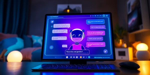 A futuristic digital interface showing a personalized AI chatbot conversation with holographic elements and vibrant neon colors.