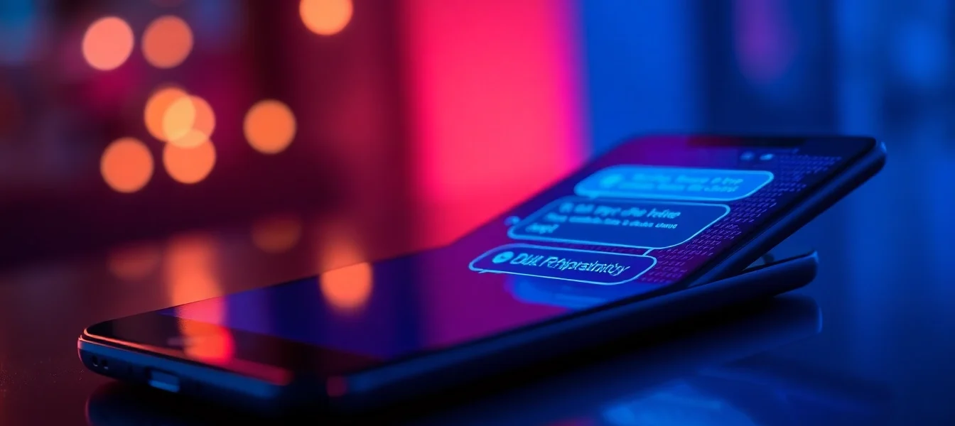 Close-up of a futuristic AI chatbot interface on a sleek device with neon lighting and digital textures.