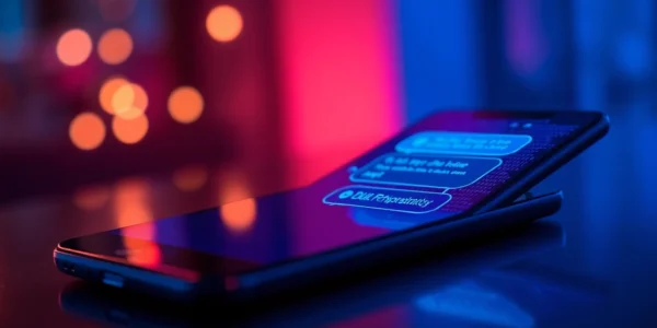 Close-up of a futuristic AI chatbot interface on a sleek device with neon lighting and digital textures.