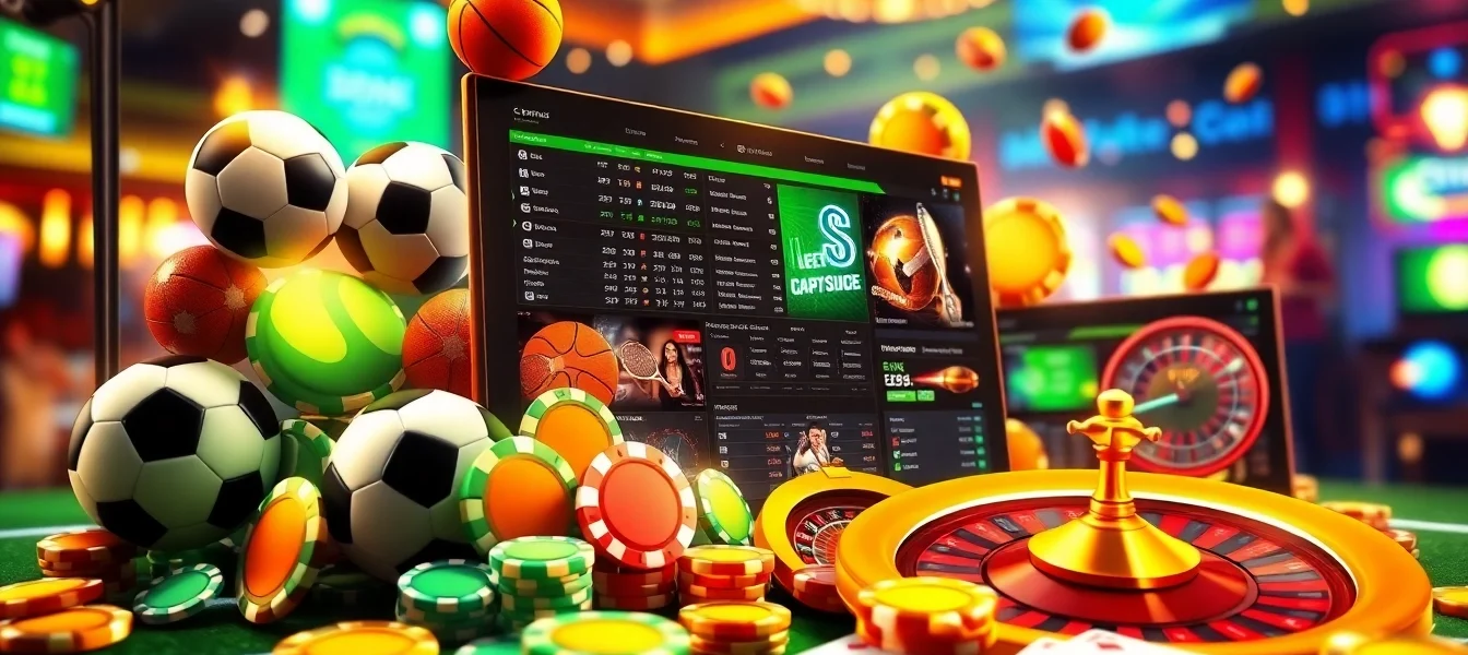 Colorful illustration of an online sportsbook and casino platform with sports and gaming elements