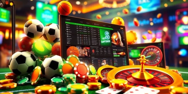 Colorful illustration of an online sportsbook and casino platform with sports and gaming elements