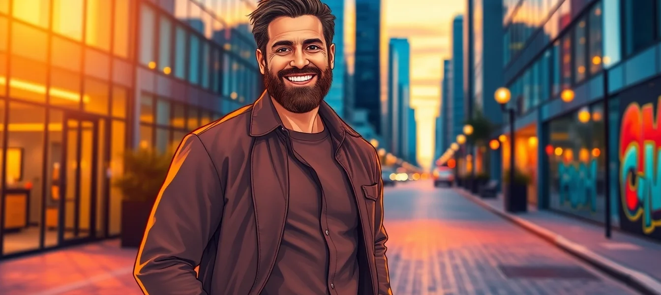 A stylish man in his 40s standing confidently in an urban sunset scene, exuding charm and masculinity.