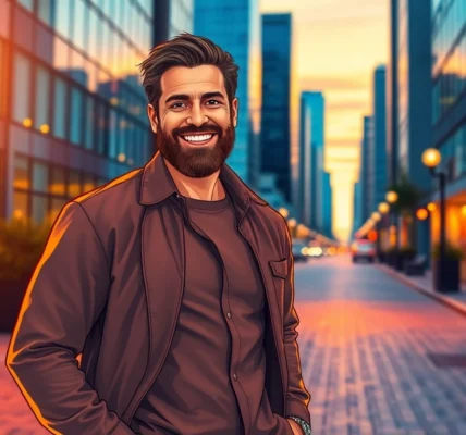 A stylish man in his 40s standing confidently in an urban sunset scene, exuding charm and masculinity.