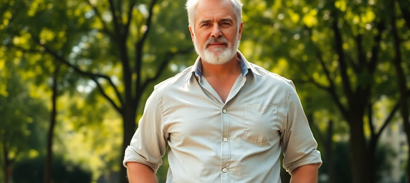 An attractive older man with salt-and-pepper hair and a confident stance in a city park during sunny weather.