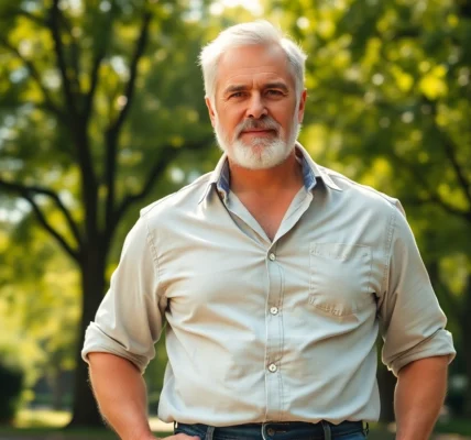 An attractive older man with salt-and-pepper hair and a confident stance in a city park during sunny weather.