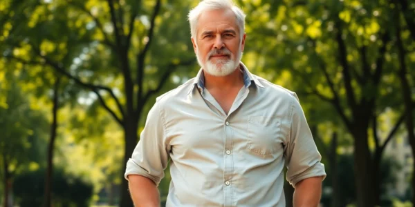 An attractive older man with salt-and-pepper hair and a confident stance in a city park during sunny weather.