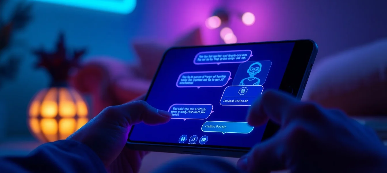 A user interacting with an AI chatbot on a sleek device with glowing neon accents, showcasing a modern, engaging digital interface.
