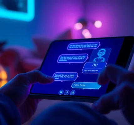 A user interacting with an AI chatbot on a sleek device with glowing neon accents, showcasing a modern, engaging digital interface.