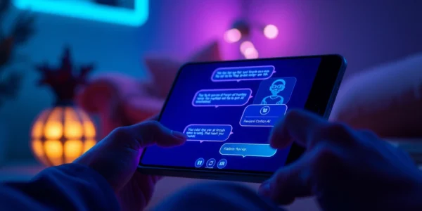 A user interacting with an AI chatbot on a sleek device with glowing neon accents, showcasing a modern, engaging digital interface.