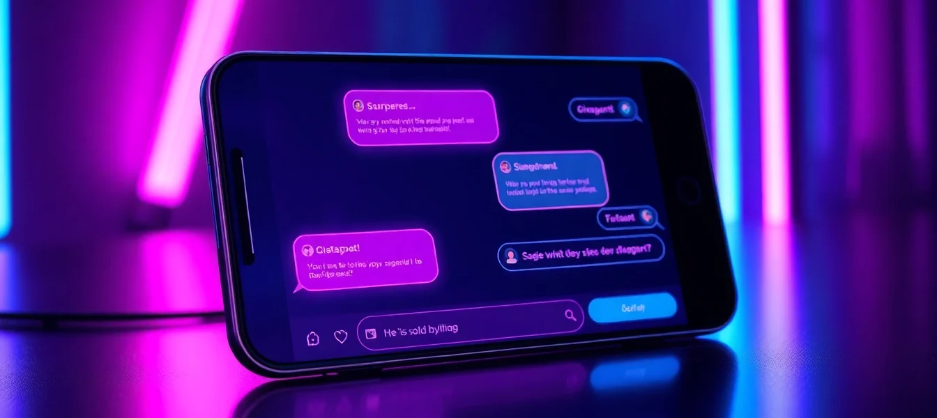 Futuristic chatbot interface on a device screen with neon accents and suggestive chat bubbles, cyberpunk style.