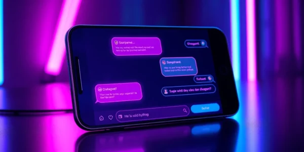 Futuristic chatbot interface on a device screen with neon accents and suggestive chat bubbles, cyberpunk style.