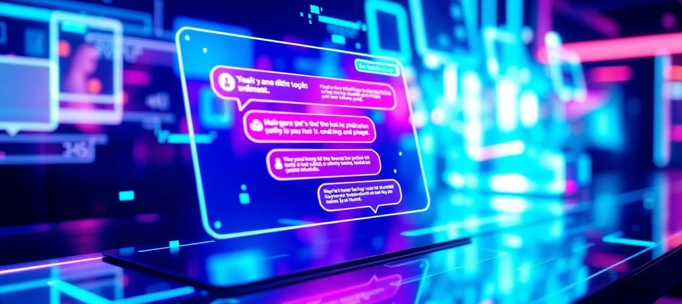 Futuristic AI chatbot interface with holographic chat window and neon lighting