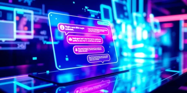 Futuristic AI chatbot interface with holographic chat window and neon lighting