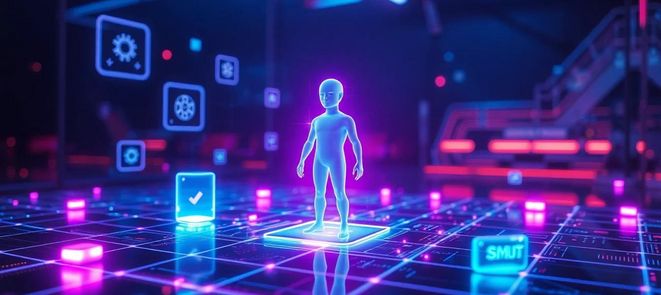 An abstract digital scene with a glowing AI interface and holographic elements, representing smut AI technology.