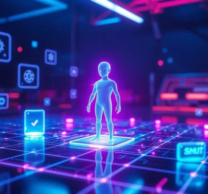 An abstract digital scene with a glowing AI interface and holographic elements, representing smut AI technology.