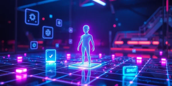An abstract digital scene with a glowing AI interface and holographic elements, representing smut AI technology.