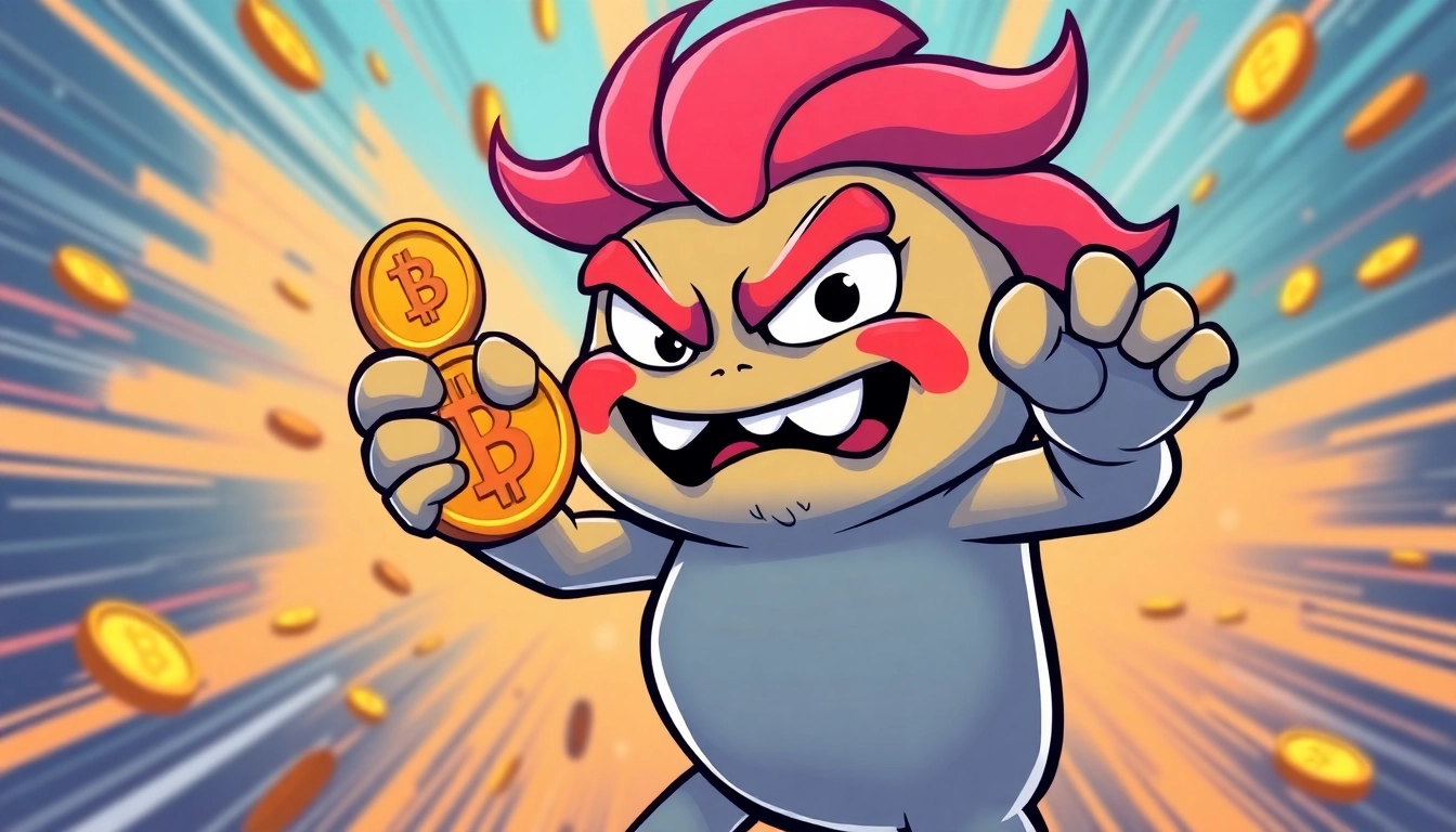 Angry Pepe Coin featured in a lively digital scene with cartoon Pepe holding tokens to attract