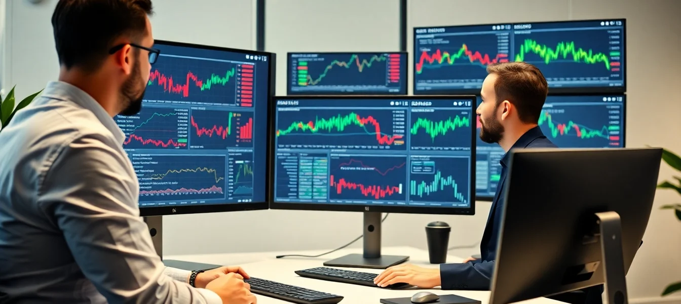Financial analyst analyzing stocks and shares news charts on computer monitors to stay updated