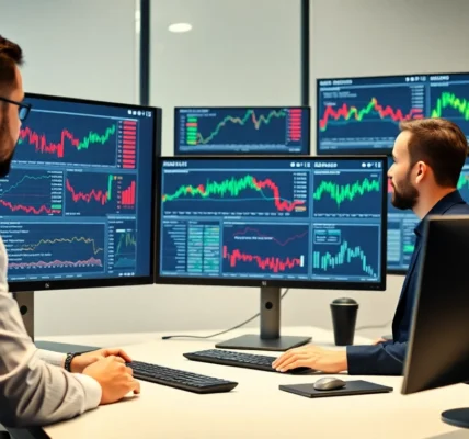 Financial analyst analyzing stocks and shares news charts on computer monitors to stay updated