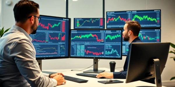 Financial analyst analyzing stocks and shares news charts on computer monitors to stay updated