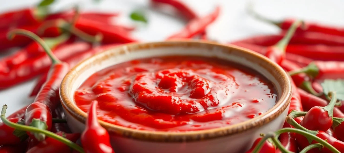 Close-up of spicy Extra Hot Fresh Red Chilli Paste with fresh red chilies, highlighting vibrant