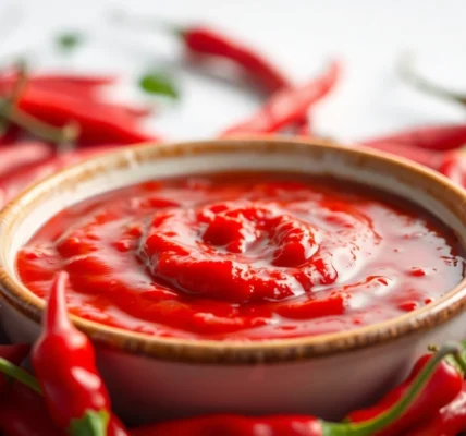 Close-up of spicy Extra Hot Fresh Red Chilli Paste with fresh red chilies, highlighting vibrant
