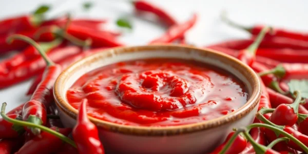 Close-up of spicy Extra Hot Fresh Red Chilli Paste with fresh red chilies, highlighting vibrant