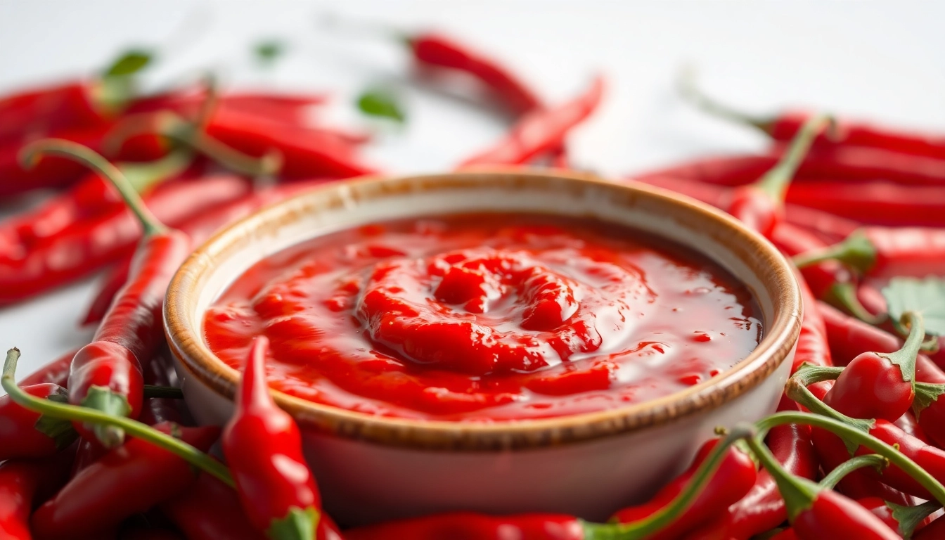 Close-up of spicy Extra Hot Fresh Red Chilli Paste with fresh red chilies, highlighting vibrant