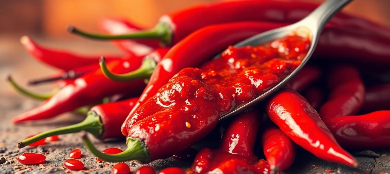 Vibrant red chilies with a spoon of Extra Hot Fresh Red Chilli Paste showcasing freshness and