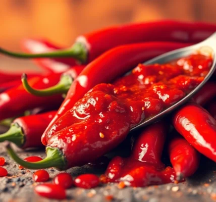 Vibrant red chilies with a spoon of Extra Hot Fresh Red Chilli Paste showcasing freshness and