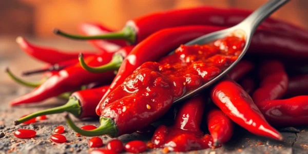 Vibrant red chilies with a spoon of Extra Hot Fresh Red Chilli Paste showcasing freshness and