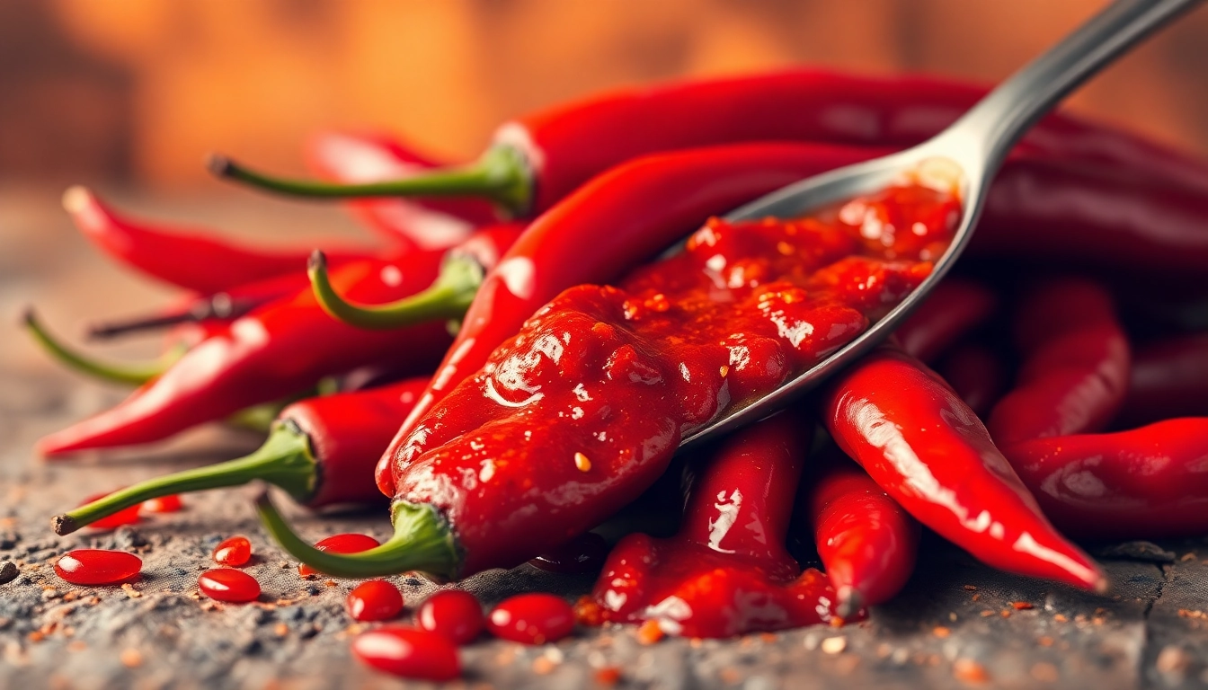 Vibrant red chilies with a spoon of Extra Hot Fresh Red Chilli Paste showcasing freshness and